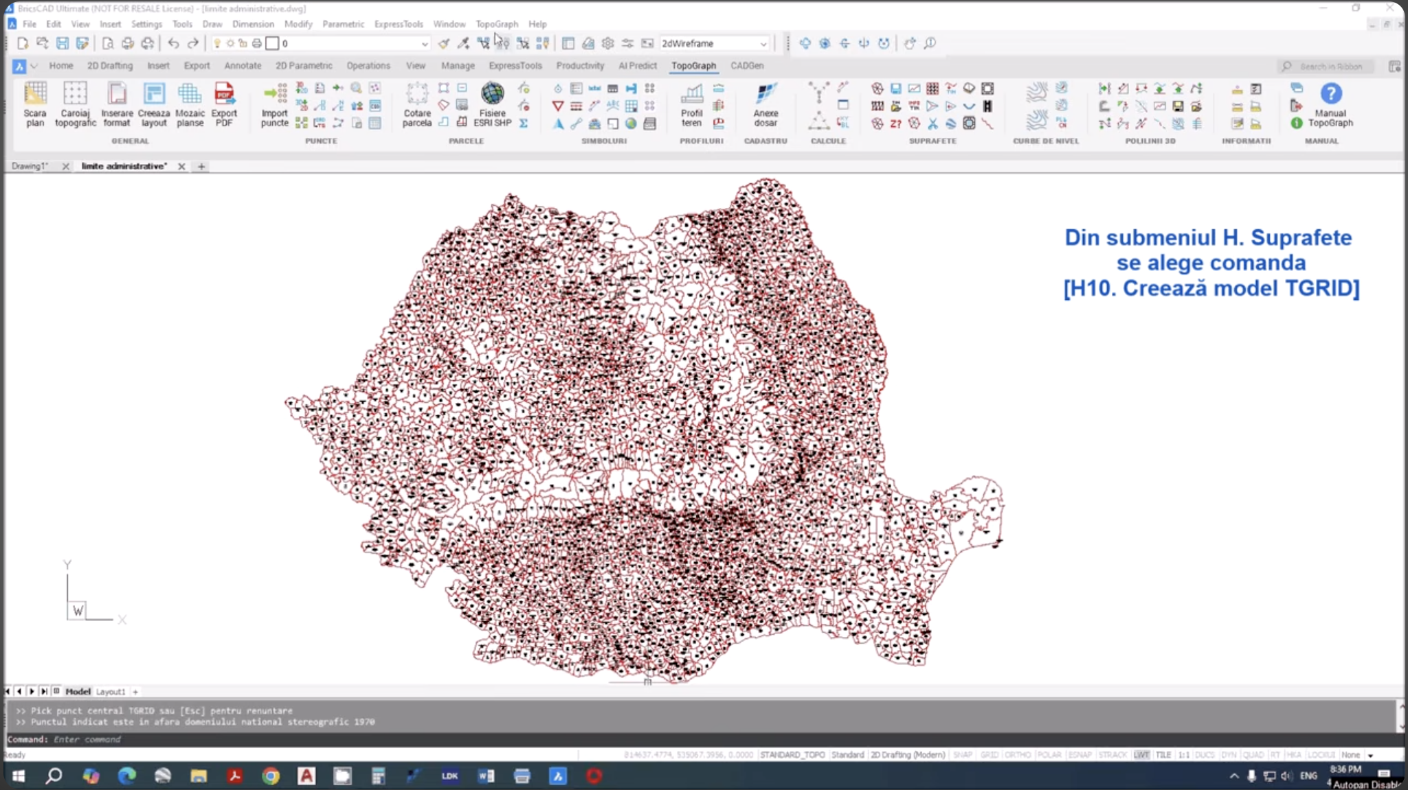 Descrierea etapelor necesare pentru generarea în AutoCAD și BricsCAD a unui model de teren de tipTGRID (grid triangularizat) folosind elevațiile furnizate de serviciul european Copernicus DEM.