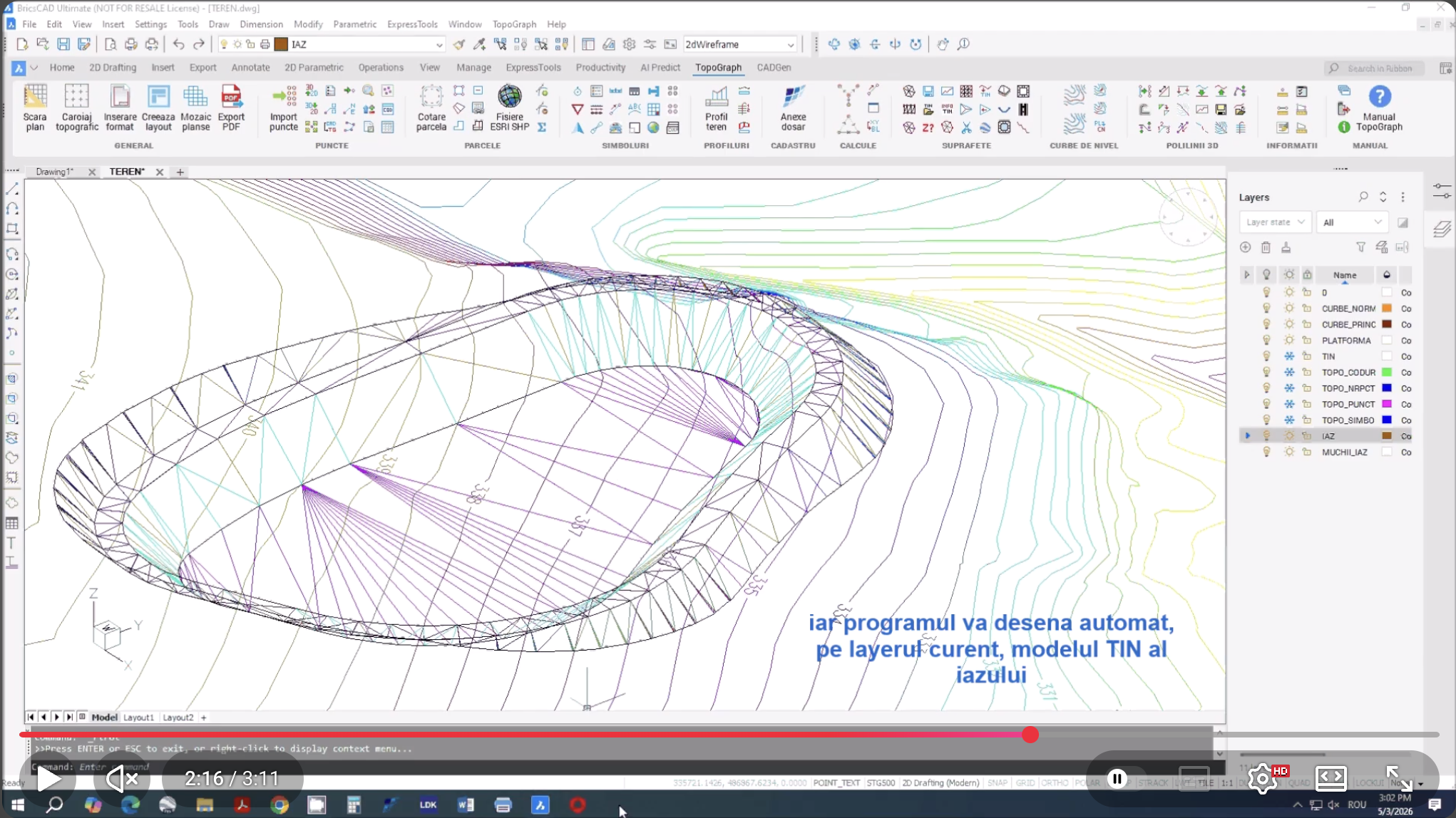 Descrierea etapelor necesare pentru proiectarea în AutoCAD sau BricsCAD unui iaz, pe baza un model TIN existent al terenului și generarea automată a unui raport de calcul volumetric.